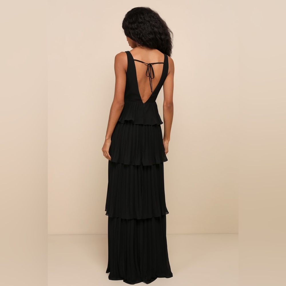 Lulus-Mesmerizing Essence Black Pleated Backless Tiered Maxi Dress (M/L/XL) - Picture 3 of 5